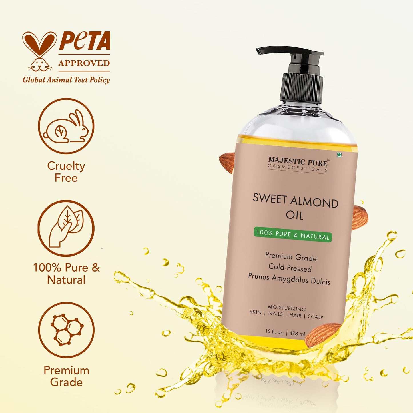 Majestic Pure Organic Sweet Almond Oil - 100% Pure & Natural - Premium Grade, Cold-Pressed, Hexane-Free Carrier Oil for Skin, Hair and Body - Moisturizing Skin, Hair and Scalp - 8 Fl Oz
