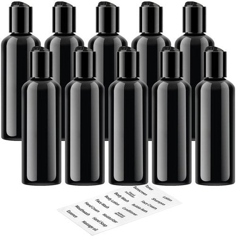 TUZAZO 10 Pack 3.4 oz Black Travel Bottles for Toiletries TSA Approved Leakproof Travel Size Containers Empty Small Plastic Shampoo Lotion Bottles with Labels