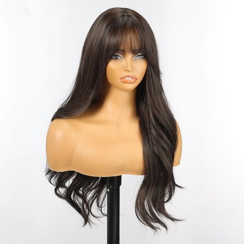 KOME Black Brown Wigs with Bangs,Brown Long Wavy Wig for Women,Long Curly Wigs Dark Roots Synthetic Hair Wig for Party Daily Use 24IN