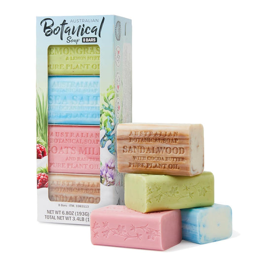 Australian Botanical Soap - 8-Pack Variety Bar Soap Set | 6.6 oz Each - Sandalwood, Sea Salt, Goats Milk Raspberry, Lemongrass, Lemon Myrtle
