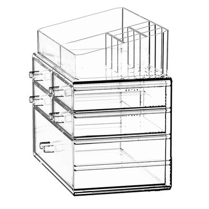 ZHIAI Stackable Storage Drawers, Acrylic Bathroom Counter Organizer Clear Makeup Organizers for Vanity, Kitchen Cabinets, Bathroom, Undersink, Home Organization and Storage (1 Top 5 Drawers)