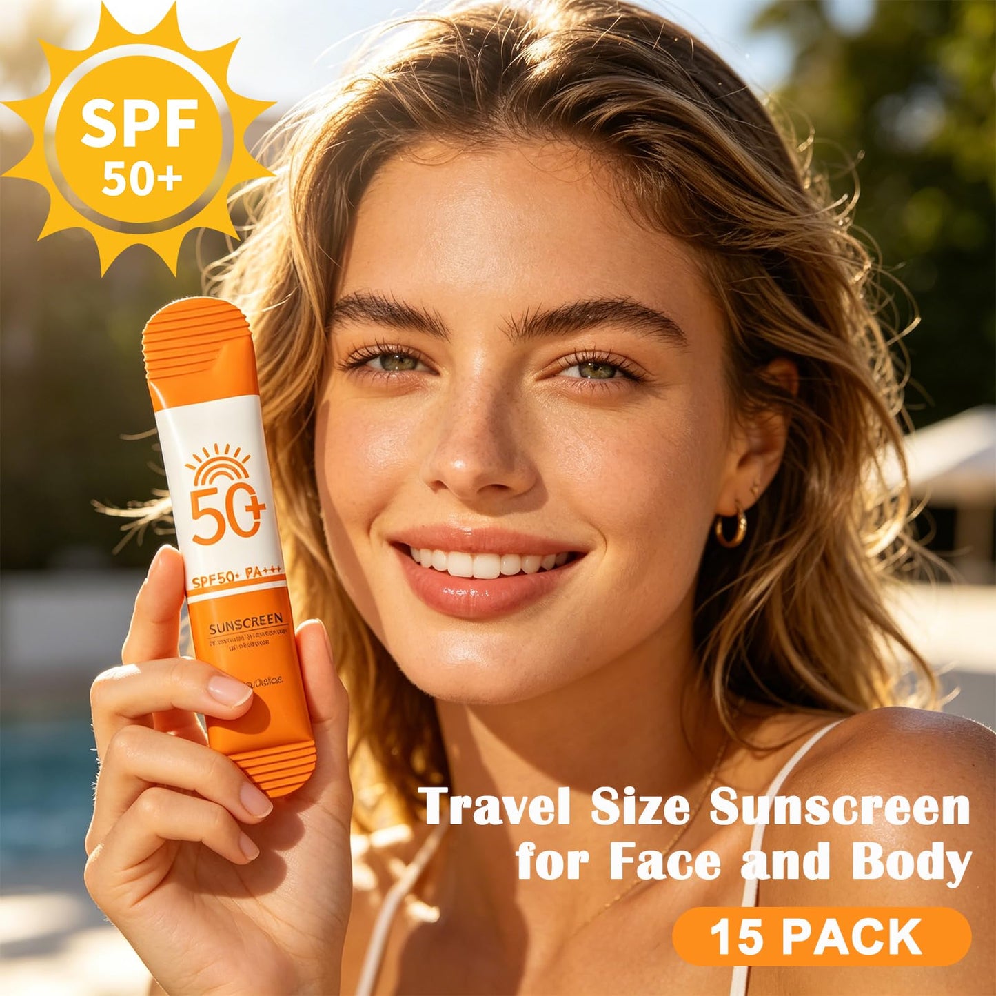15 Pcs Travel Size Sunscreen, SPF 50, Mini Moisturizing Sunscreen Bulk for Face and Body, Lightweight & Non-Greasy, Sweat-resistant, Travel Size for Summer Beach Vacation, 0.28 OZ/Pack