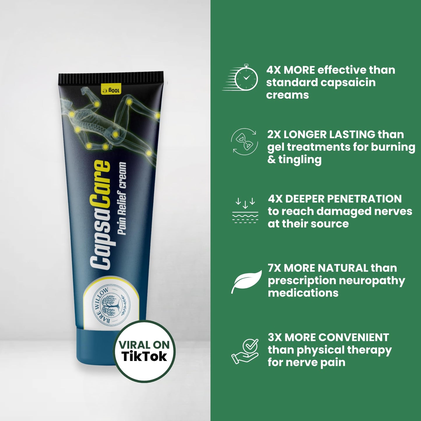 CapsaCare Cream with Capsaicin 0.125% & Magnesium, NeuroSoothe Blend with Arnica, Glucosamine, Menthol & Aloe, Fragrance Free, Non Greasy, Hydrating Topical Skin Cream for Men and Women, 100g (1 Pack)