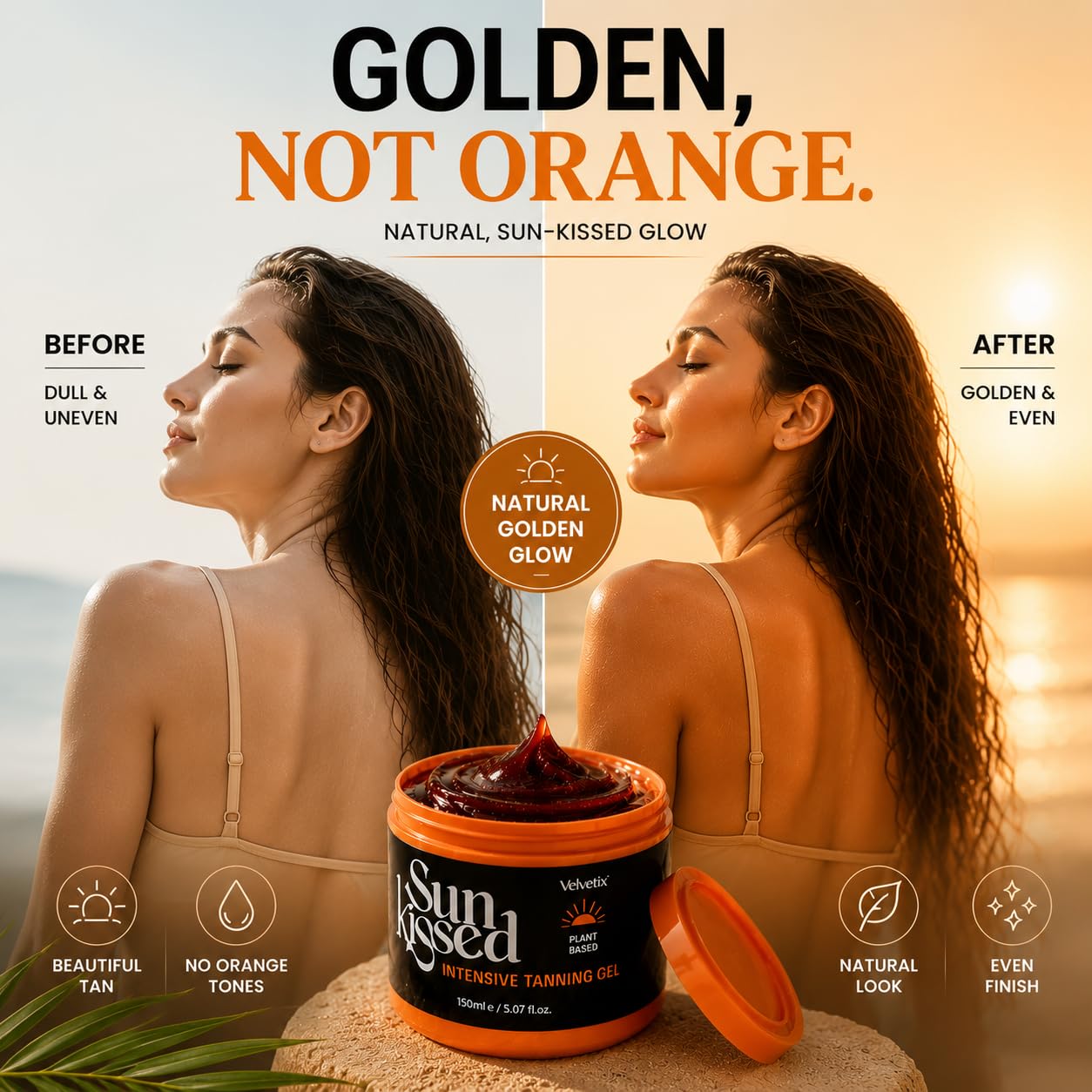 Velvetix Intensive Tanning Gel for Outdoor Sun, Fast Tanning Accelerator with Carrot Oil & Coconut Oil, Quick-Dry & Non-Greasy Sun Tanning Butter, Streak-Free Natural Bronze Glow, Vegan, 5 oz