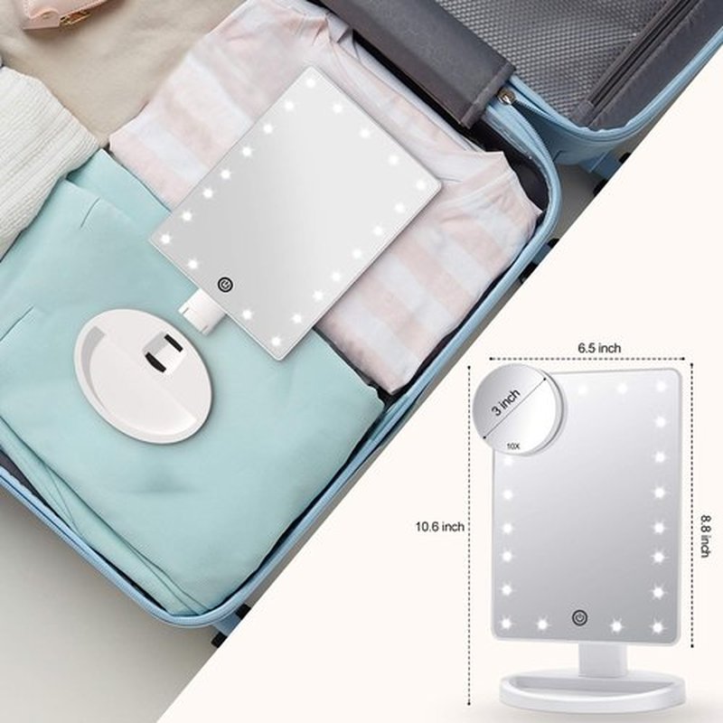 COSMIRROR Lighted Makeup Vanity Mirror with 10X Magnifying Mirror and Makeup Sponge, 21 LED Light Up Mirror with Touch Sensor Dimming, 180°Free Rotation, Dual Power Supply, Portable Cosmetic Mirror