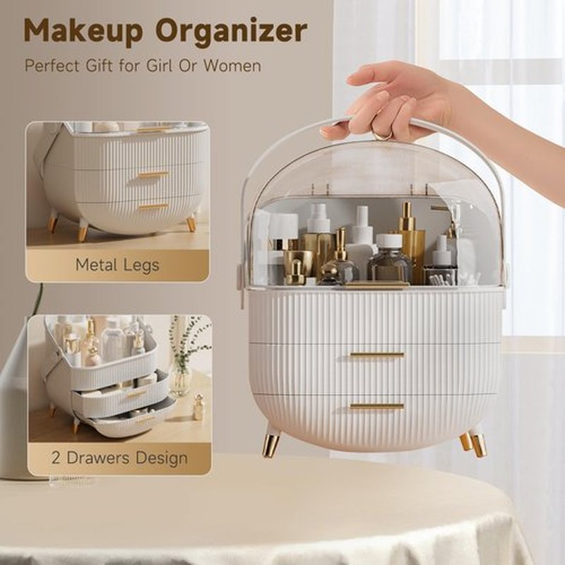 Makeup Storage Organizer with Lid, Waterproof Cosmetics Skincare Organizer for Vanity, Portable Makeup Storage Box for Countertop, Gifts, Women (White)