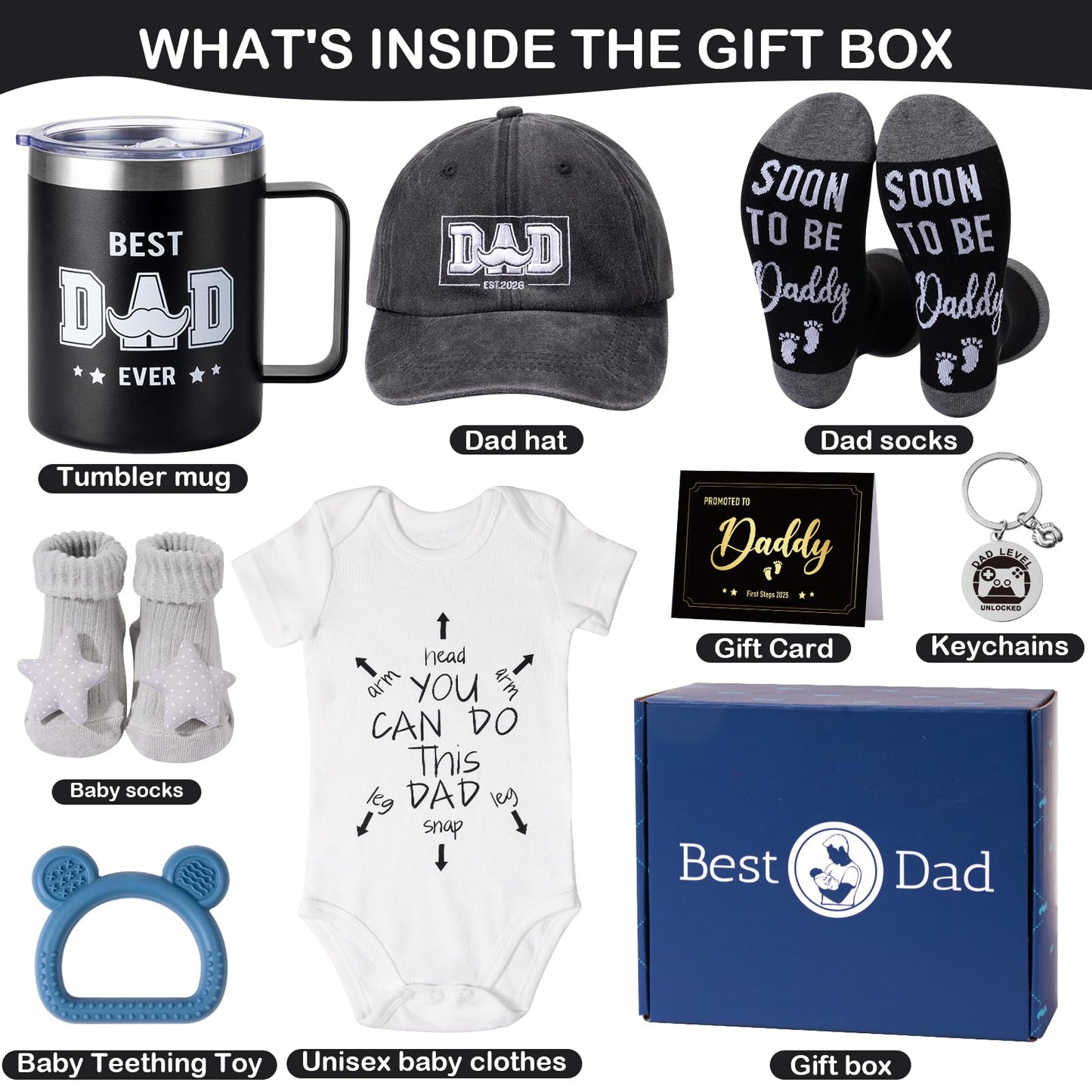 2026 New Dad Gifts Box, 9 Pcs First Time Dad Gifts, Dad to Be Gifts for 1st Time with Tumbler Hat Onesie Socks Keychain for Baby Shower，Unique Kit for Soon to Be or Expecting Father