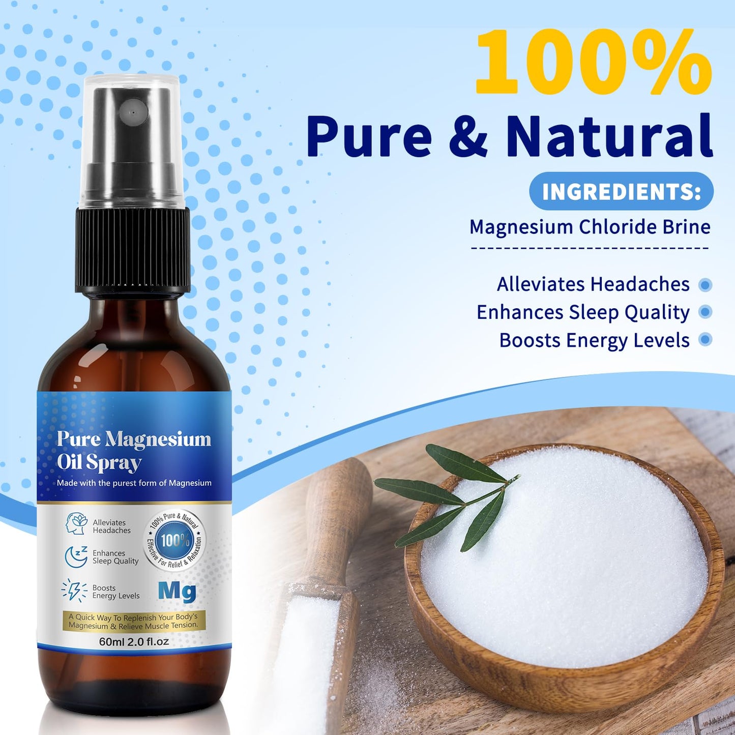 Pure Magnesium Oil Spray, 100% Pure & Natural Magnesium Spray, Gluten Free, Non-GMO Topical Magnesium Body Spray with Rosemary and Eucalyptus Oils, Magnesium Oil for Feet, 2.02FL.OZ (#1)