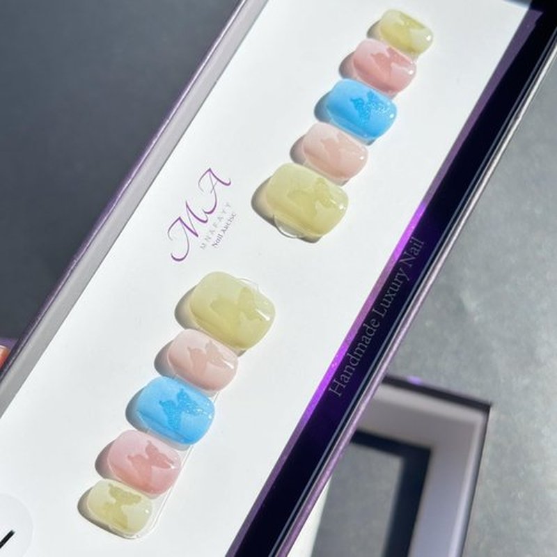 MNAFAYY 100% Handmade Nails Butterfly Color Press On Nails Short Full Cover Luxury Gorgeous Reusable UV Finished Fake False Nails Handpainted Acrylic Nail Kit With Box Gifts Women Mother's Day M