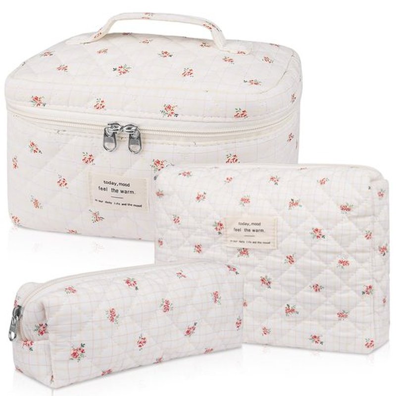 Makeup Bag Set, Quilted Makeup Bag, Large Floral Cosmetic Bag for Women, Cute Cotton Makeup Bags, Flower Travel Toiletry Organizer Bag(Plaid Floer)