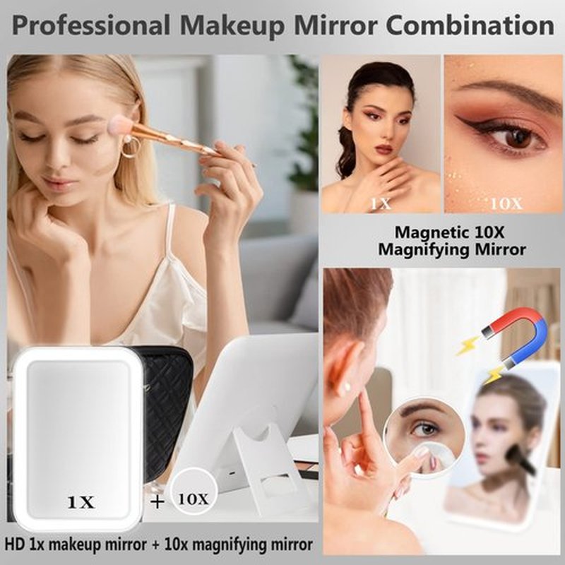 PEEH Travel Makeup Bag with Mirror of LED Lighted, Makeup Train Case with Adjustable Dividers and 10x Magnifying Mirror, Cosmetics Organizer for Women (Black)