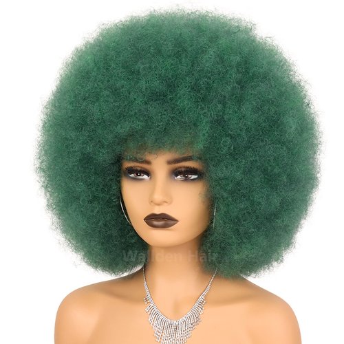 Wallden Hair Green Afro Wig and Costume Halloween Wig for black Women Glueless Wear and Go Wig Short Afro Puff Kinky Curly Wigs and Heat Resistant Bouncy Wigs (Dark Green)