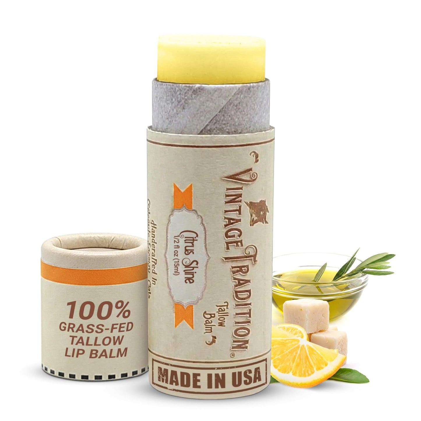 Vintage Tradition Moisturizing Beef Tallow Lip Balm – Tube Lip Moisturizer with Citrus & Lavender Essential Oil Blend Hydrates & Soothes Dry Lips – Grass-Fed Tallow Balm for Skin Care, 0.5 Fl. Oz.