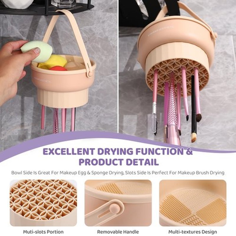 2 Pack Makeup Brush Cleaner Mat 3 in 1 Silicone Makeup Brush Cleaner Makeup Brush Cleaning Bowl Makeup Brush Sponge Scrubber Tool for Cleaning, Storage And Upside Down Drying（Two Pink)