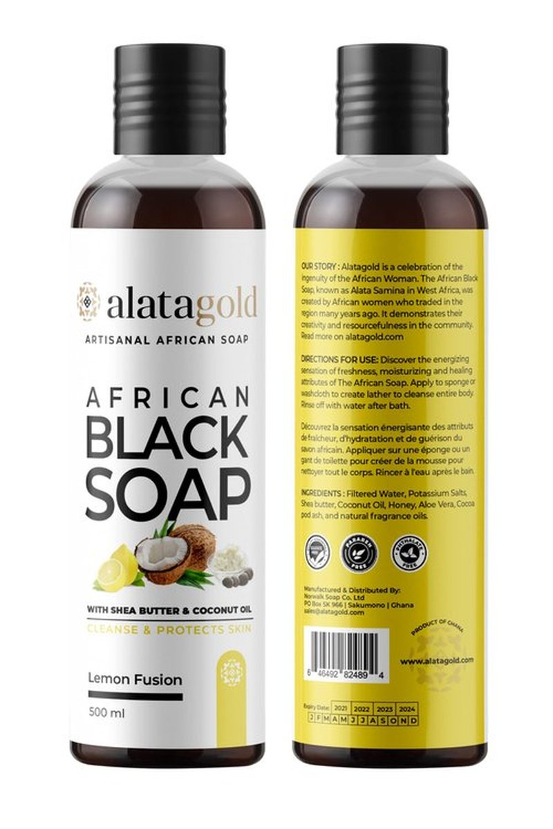 AlataGold Authentic African Black Soap Shower Gel (16.9 oz) – Shea Butter, Honey, Aloe Vera & Coconut Oil Body Wash For Sensitive Skin. Helps with Acne - Cleanse & Moisturize - PACK OF 2 (Lemon)