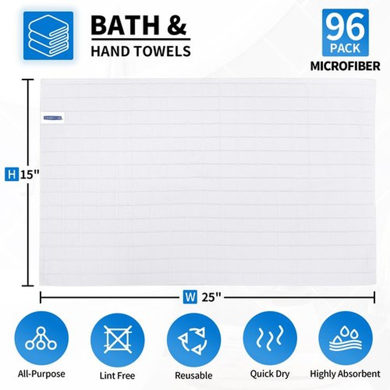 HOMERHYME Hand Towels, 96 Pack 25''*15'' White Microfiber Kitchen Bathroom Hand Towels, All-Purpose Quick Dry Lint Free Soft Absorbent Bulk Checkered Washcloth Bath Towels for Travel Gym Hotel