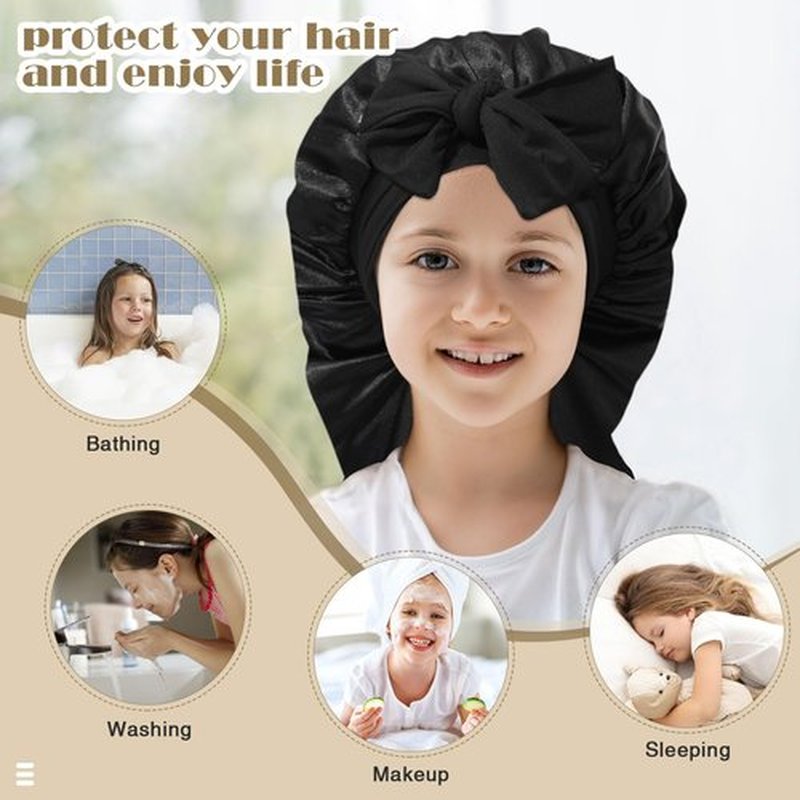 Kids Long Hair Bonnet for Sleeping - Double Layer Girls Elastic Satin Bonnet with Tie Band for Braid Curly Hair (Black+Purple)