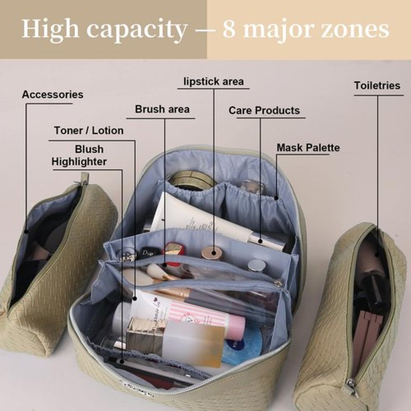 BOYATU Makeup Bag Travel Cosmetic Case: Large Capacity Woven Cosmetic Bag Organizer - Portable Toiletry Bags with Handle for Women 1-Z-Apricot