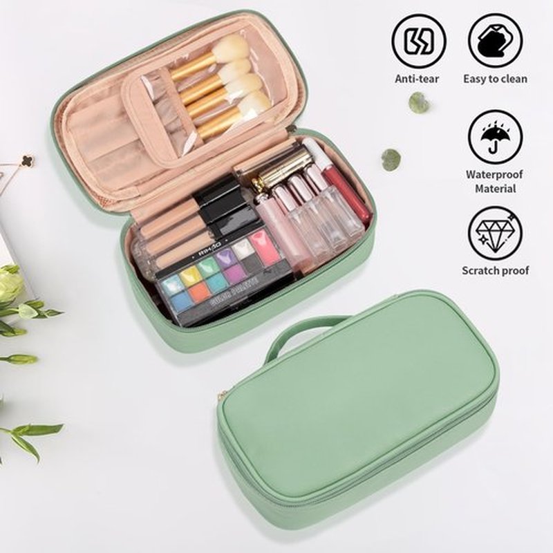 OCHEAL Small Makeup Bag,Portable Cute Travel Makeup Bag Pouch for Women Girls Makeup Brush Organizer Cosmetics Bags with Compartment-Light Green