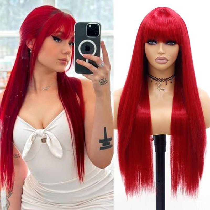 EVLYNN Red Wig With Bangs Straight wig cap for Women Synthetic Burgundy Long Straight Red Wigs for Fashion Women No Lace Wig for Daily Party Cosplay 26 Inch