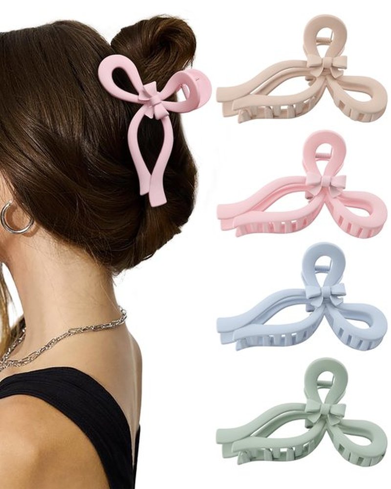 4 PCS Bow Hair Clips for Women Bow Claw Clip 5" Large Hair Claw Clips for Thick and Thin Hair Cute Bows Jaw Clip (Pink + Blue + Green + Dark Apricot)
