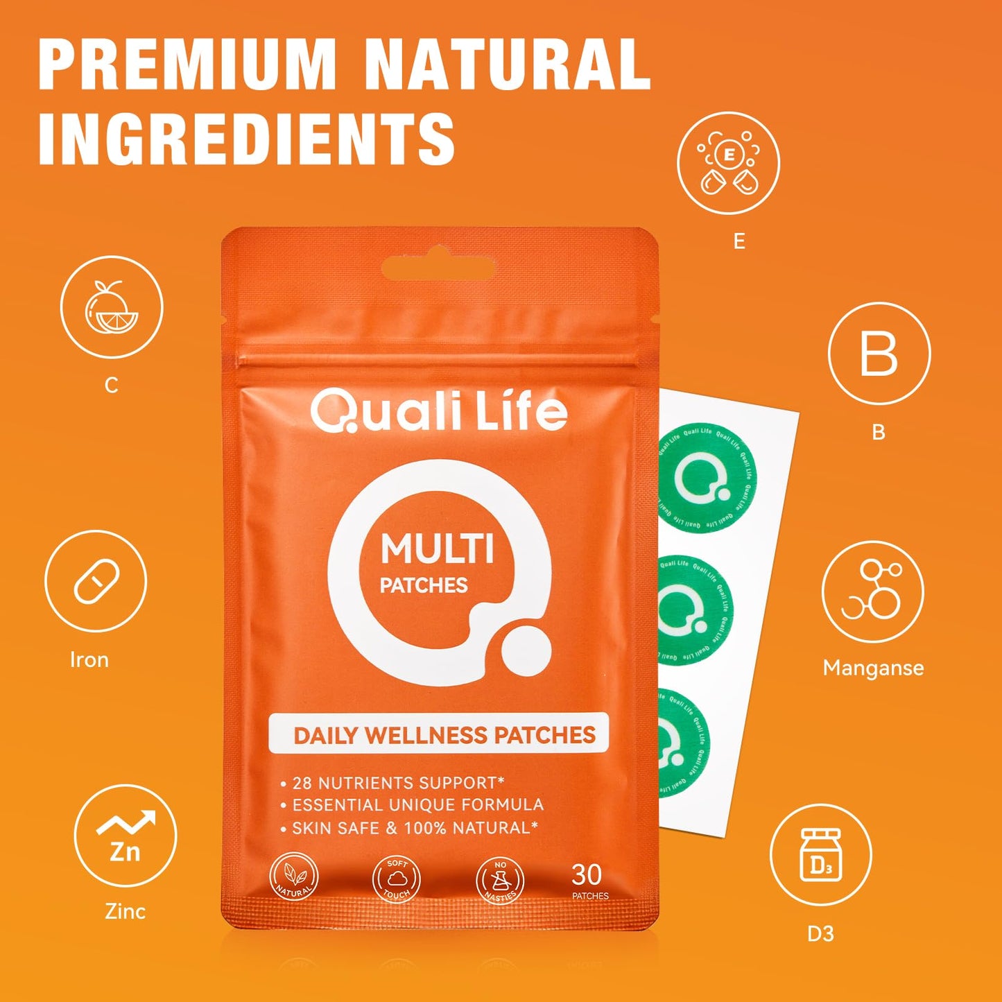 QualiLife Multi Plus Topical Patch for Women & Men, Essential Daily Healthy Patches with D3&K2 for Hours Release, 28 Nutrients with Iron Support, 30 Days Supply