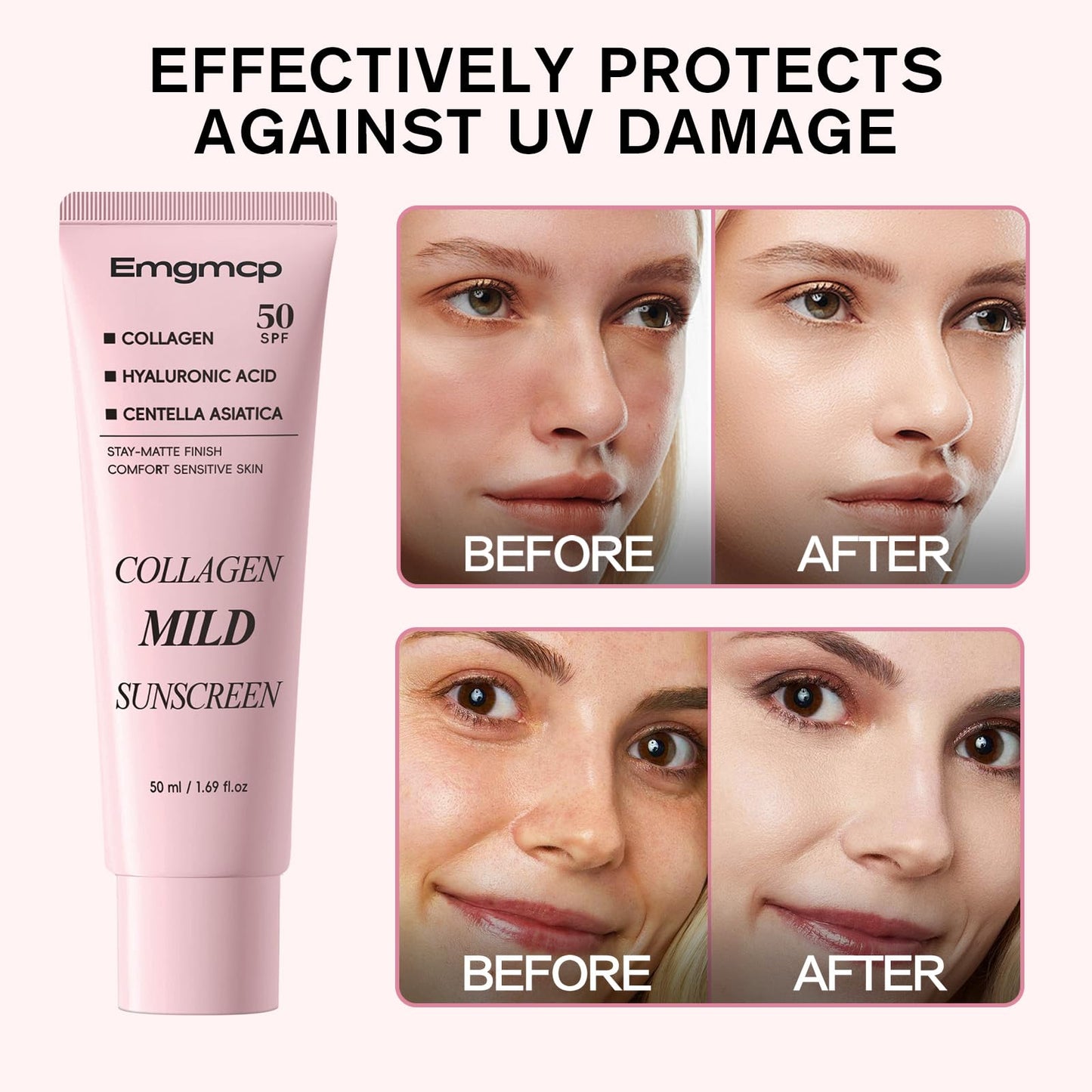 Collagen Mild Sunscreen, SPF 50 Broad Spectrum Facial Sunscreen, Lightweight Non-Greasy No White Cast, Hydrating Formula with Peptide & Cica for Soothing & Natural Glow (1pc)
