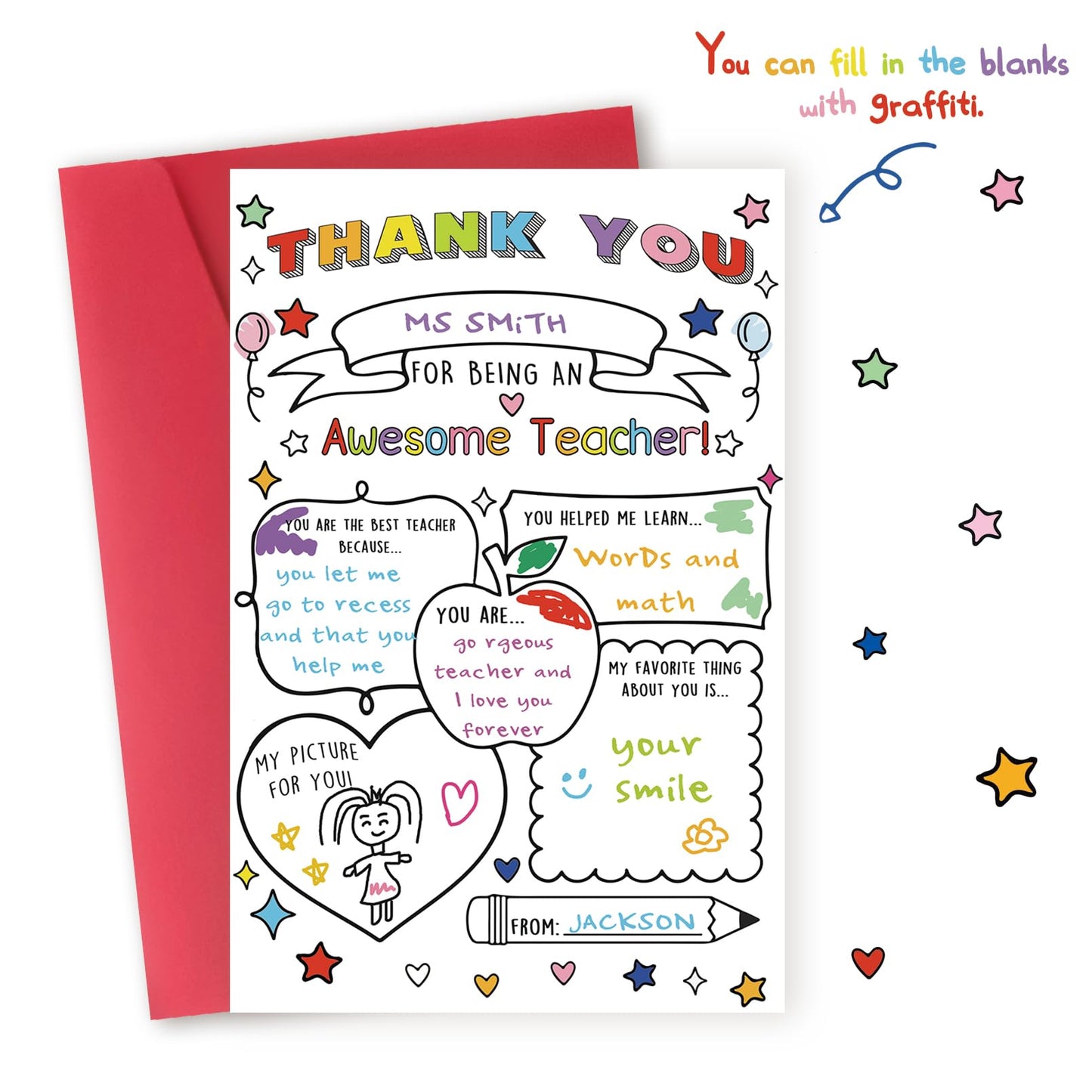 Hongshan Thank You Card for Teacher,Fill in the Blanks,Funny Appreciation Card Gift,Teacher Thank You Gifts Card from School Kids Students with Envelopes