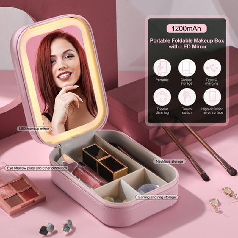BS-MALL Travel Cosmetic Mirror Case LED Makeup Mirror Storage Case for Eyelash Station Makeup Brushes Cosmetic Tools Pink On-the-go Makeup Needs (Pink)