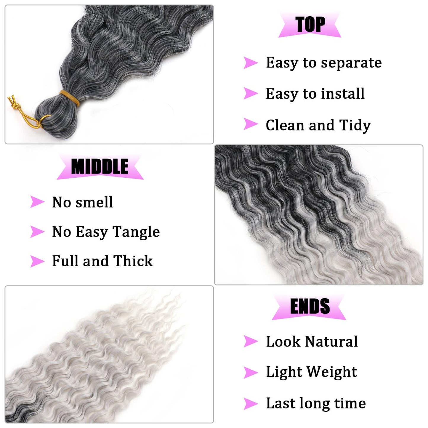 ZRQ Soft Ocean Wave Crochet Hair 30 inch 7Packs Omber Black Grey Deep Twist Wave Crochet Hair Synthetic Curly Crochet Hair Wavy Crochet Hair Extensions #T1B/Grey