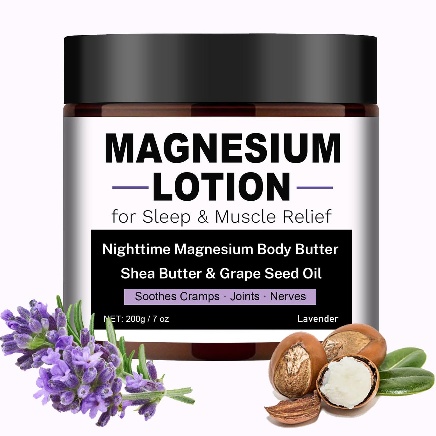 Magnesium Lotion for Sleep & Muscle Relief - Nighttime Magnesium Body Butter with Lavender, Shea Butter & Grape Seed Oil - Soothes Cramps, Joints & Nerves - Skin-Friendly & Kid-Safe, 7 oz