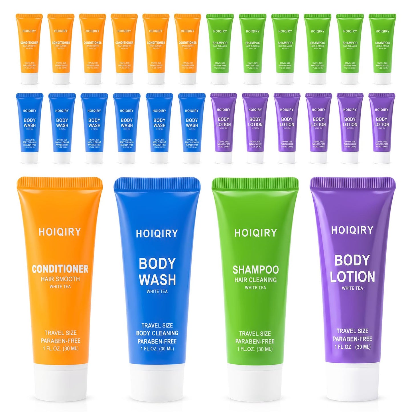HOIQIRY 25 Set 4-IN-1 Travel Size Hotel Toiletries Bulk,100 Pack 30ml/1 fl oz Mini Hotel Toiletries with Body Wash,Shampoo,Conditioner,Body Lotion Guest Supplies Bulk for Homeless,Motel,Charity