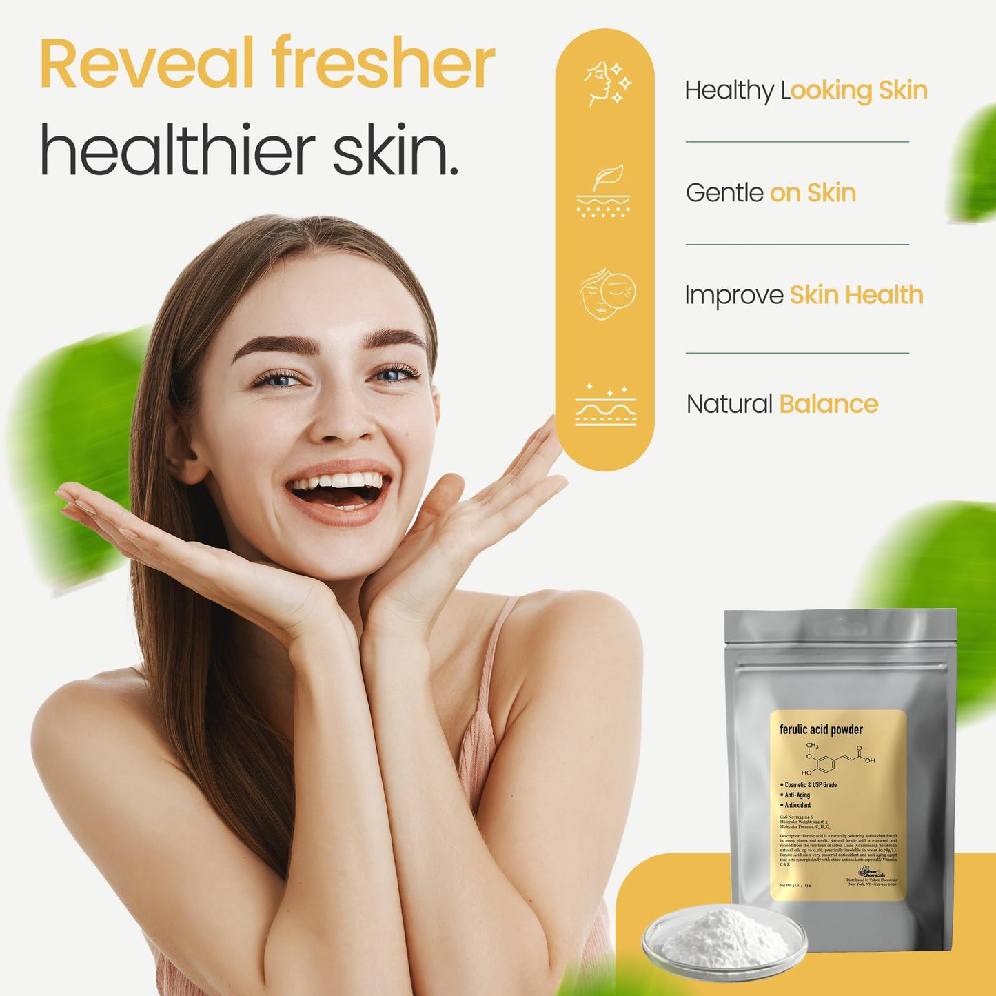 Ferulic Acid Powder Pure 99% Pure Cosmetic Grade Powder Pure Natural, DIY Skincare (2 Oz / 56 Grams), by Talsen Chemicals
