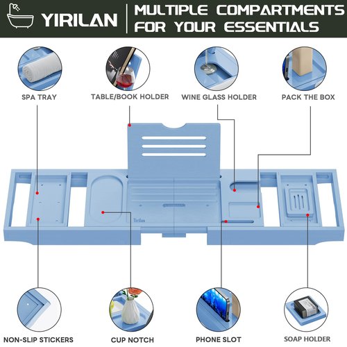Yirilan Premium Bathtub Tray Caddy - Expandable Bath Tray - Unique House Warming Gifts, New Home, Anniversary & Wedding Gifts for Couple, Bridal Shower Gift for Women-Blue
