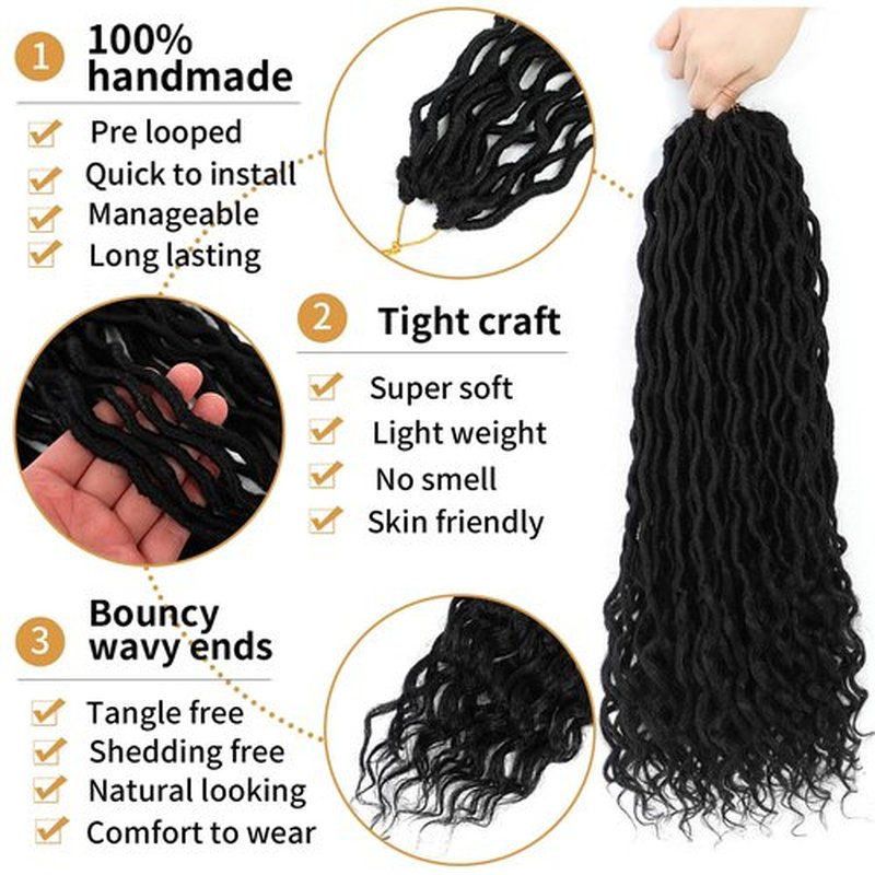 18 Inch Faux Locs Color 1 Goddess Locs Crochet Hair #1 Goddess Locs with Curly Ends Prelooped Crochet Hair for Black Women(18 Inch,6 Packs,1#)