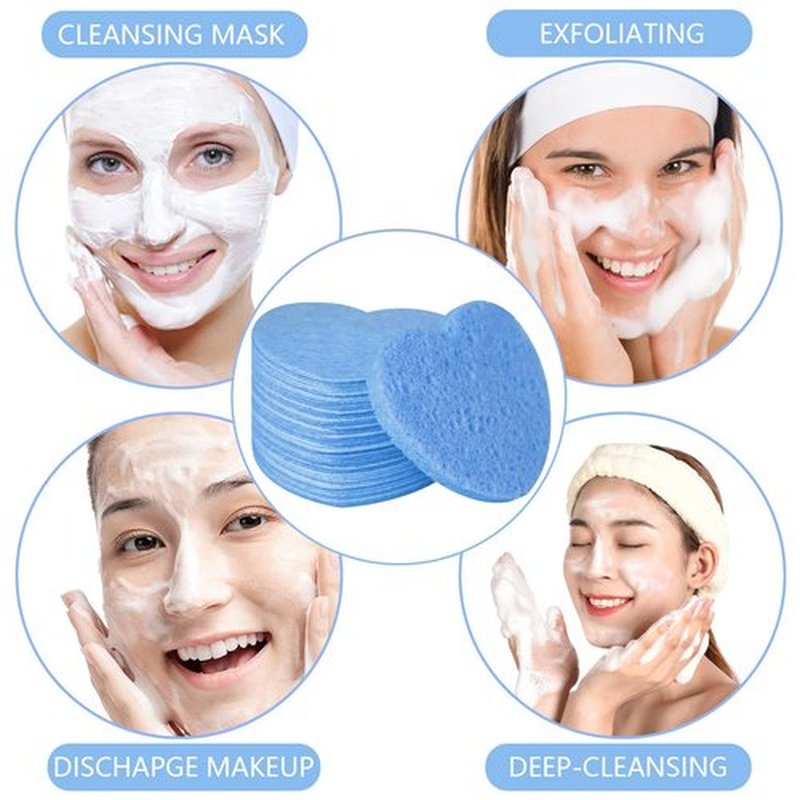 100-Count Compressed Facial Sponges for Estheticians Heart Shape Natural Cellulose Sponge Professional Cosmetic Spa Sponges for Face Cleansing, Massage, Pore Exfoliating, Mask, Makeup Removal, Blue