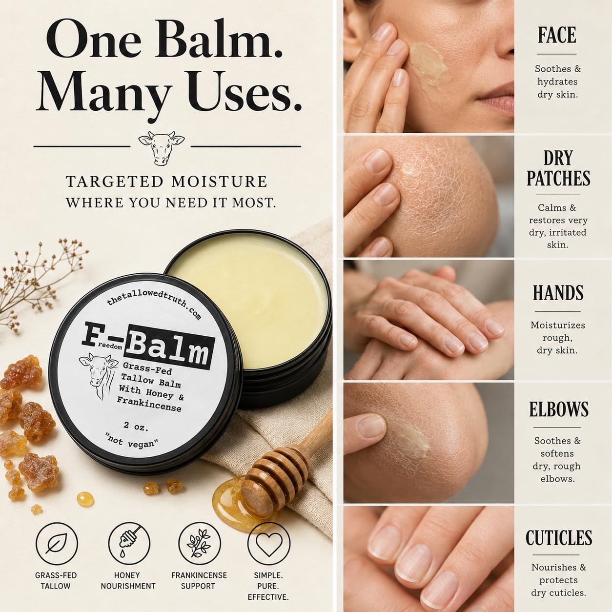 Tallowed Truth Original Tallow Balm - Grass-Fed Beef Tallow for Skin & Face - 5 Ingredient Moisturizer - 2 oz - Tallow Face Cream Made in Canada - Organic Balm for Face & Body Care