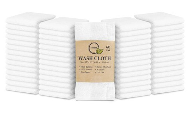 Softolle 100% Cotton Ring Spun Wash Cloths – Bulk Pack of Washcloths – 12x12 Inches – Wash Cloth for Face, Highly Absorbent, Soft and Face Towels (White, 60 Pack)