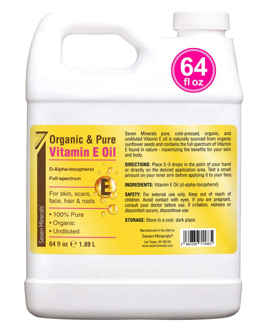 Seven Minerals Ultra Pure Vitamin E Oil - Full-Spectrum D-Alpha Tocopherol,100% Organic Vitamin E Oil for Skin, Face, Hair, and Scars - Naturally Occurring = Not Synthetic - 64 fl oz (Half-Gallon) Jug