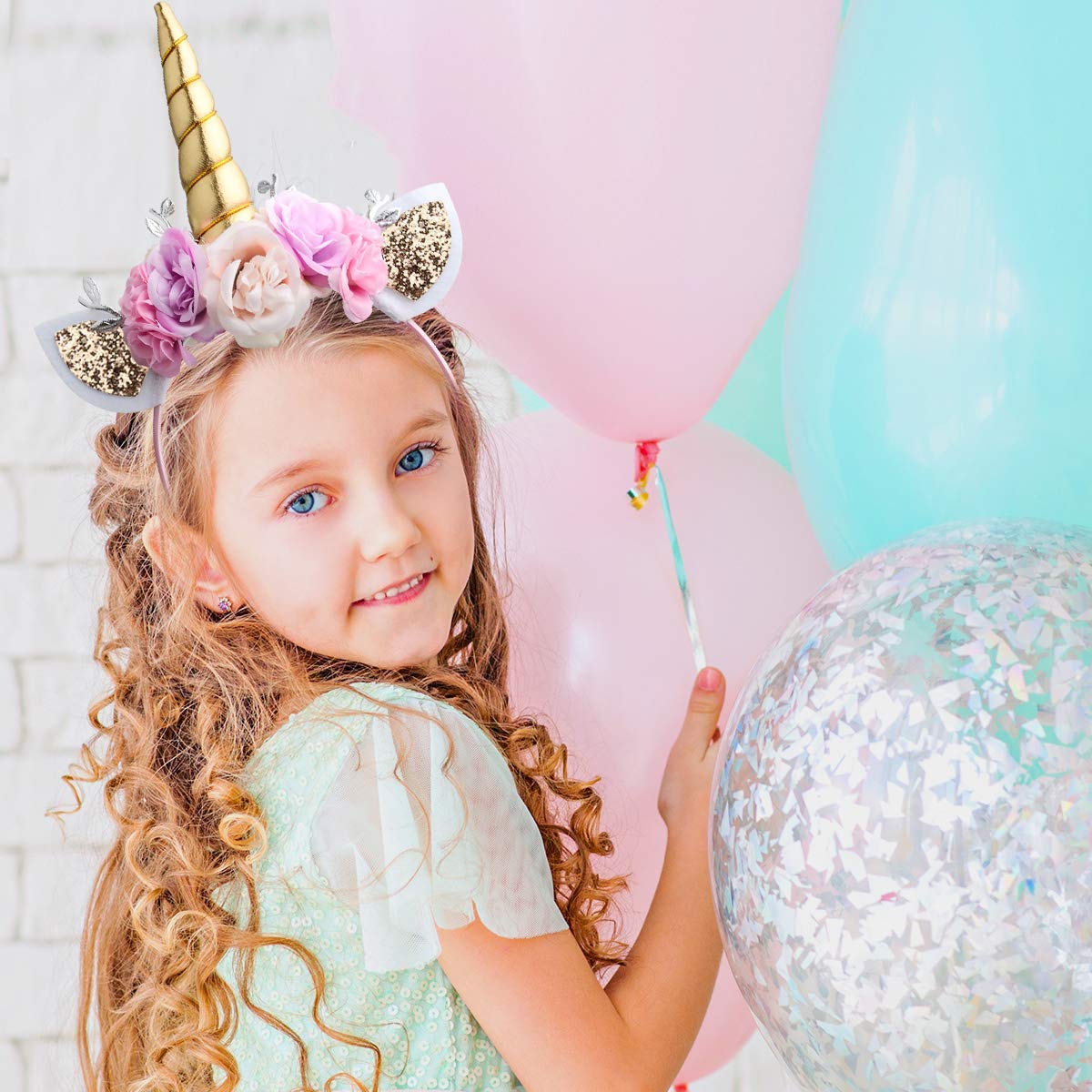 AHIER Unicorn Headband Gold Horn for Unicorn Birthday Party Decorations Supplies Flowers Cat Ear Head (Unicorn Headband)