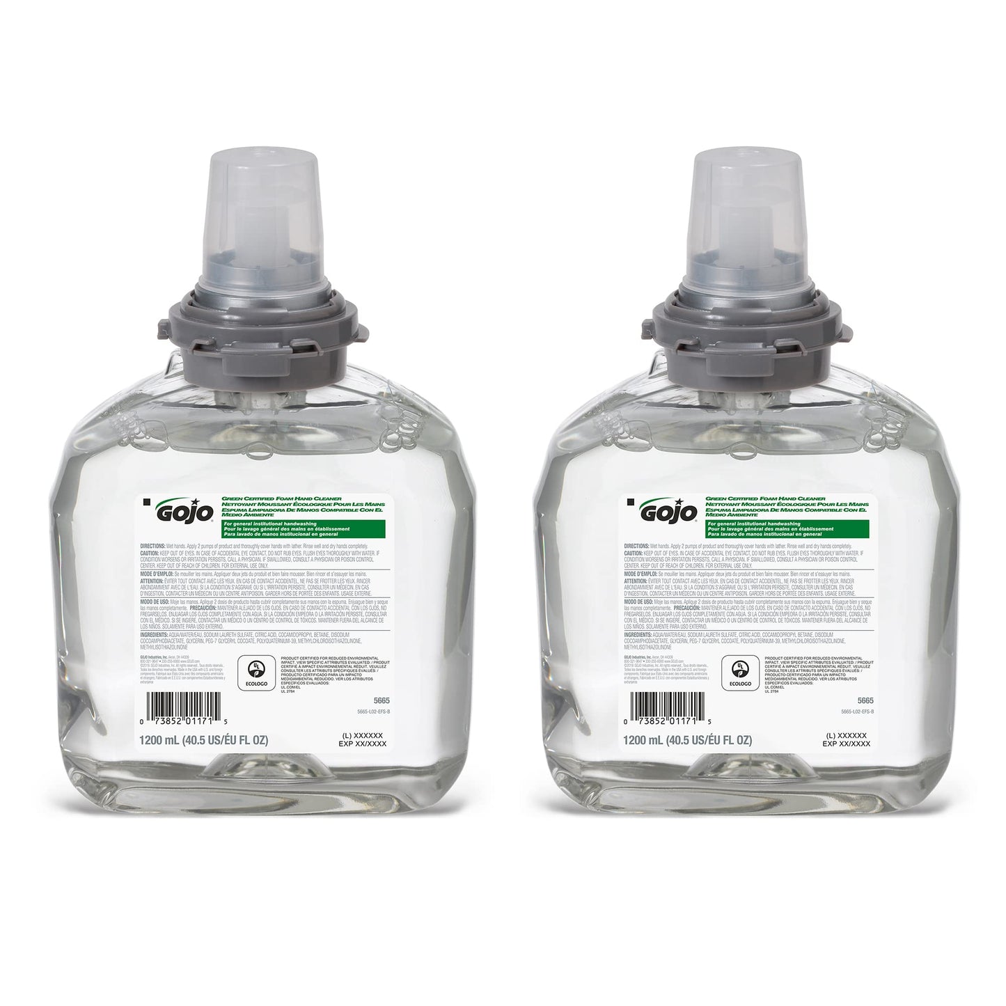 GOJO Green Certified Foam Hand Cleaner, Fragrance Free, EcoLogo, 1200 mL Hand Soap Refill TFX Touch-Free Dispenser (Pack of 2) - 5665-02