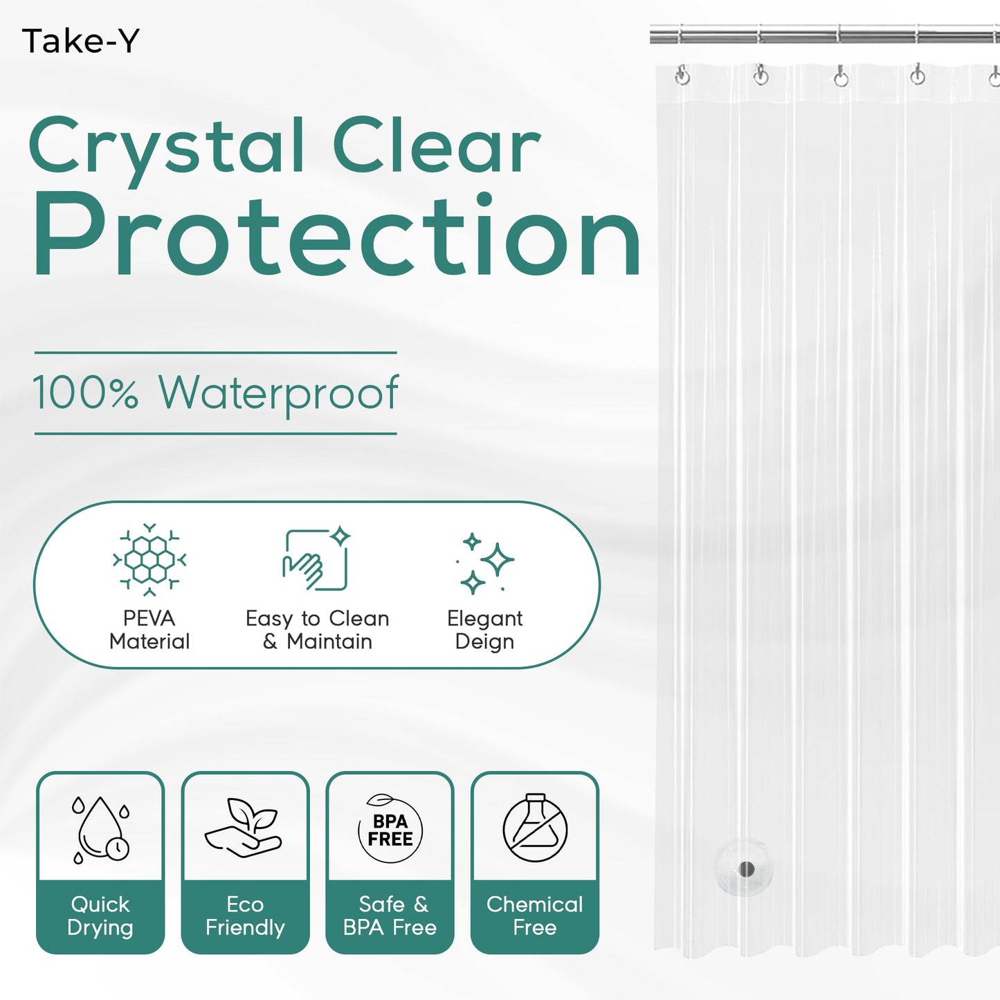Clear Shower Curtain Liner, Premium PEVA, 72"x72", 100% Waterproof with Rustproof Grommets, Weighted, Quick Dry, Modern Style, 12 Hooks Included, Lightweight Standard Size,Odorless Plastic, Luxury