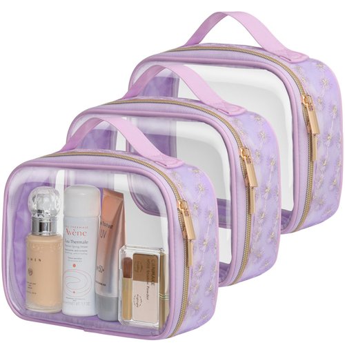 PACKISM Floral Texture TSA Approved Toiletry Bag - 180° Large Opening Clear Makeup Bags with Handle, Easily Access, Clear Travel Bags for Toiletries TSA Approved, Thick 0.5 mm, Purple