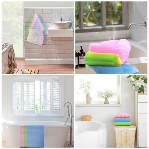 RIUOTA 3 Pieces Exfoliating Washcloth Towel African Net Sponge Japanese Washcloth Exfoliating Sponge Loofah Exfoliating Body for Body Exfoliation(Pink,Blue,Green)