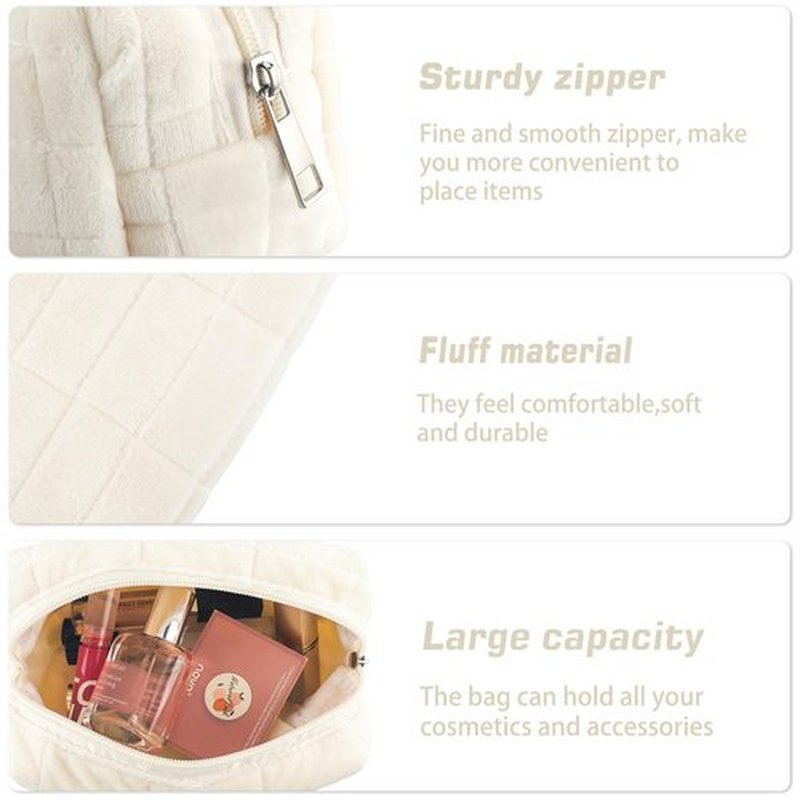 2Pcs Makeup Bag for Women Cosmetic Pouch Travel Small Cosmetic Bag Set Cute Plush White Makeup Pouch Purse Portable Travel Makeup Bag Zippered Toiletry Bag Organizer Trendy Makeup Brushes Storage Bag