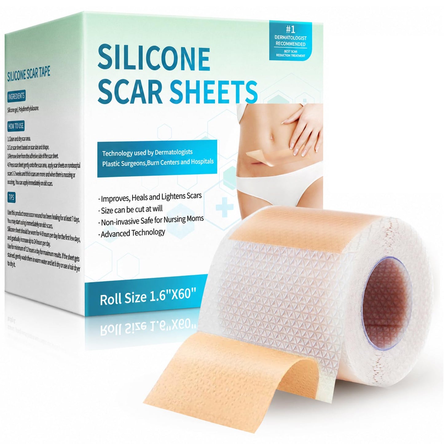 Rvlaim Medical Grade Silicone Scar Sheets (1.6”x 60” Roll-1.5M), Professional Silicone Scar Tape for Surgical C-Section, Keloid, Burn & Acne Scars - Reusable, Waterproof, Stickiness Upgrade