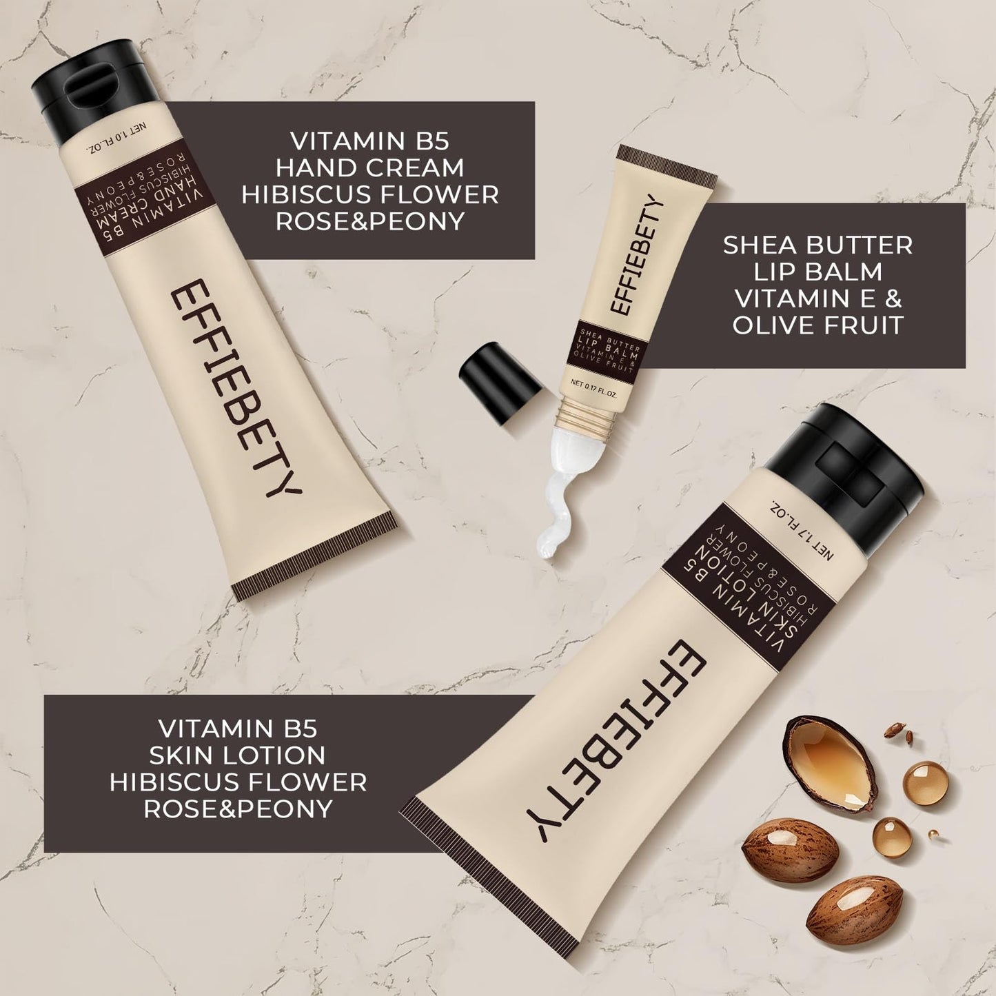 EFFIEBETY 3-in-1 Skin Care Gift Set: Ultra Hydrating Body Lotion, Nourishing Hand Cream & Restoring Lip Balm, with Shea Butter, Coconut Oil & Aloe Vera, For All Skin Types, Daily Moisturizer Combo
