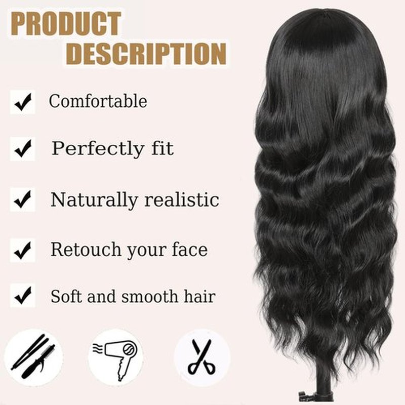 punhurt Black Wig with Bangs 26inch Long Black Wig Wavy Wig for Women Synthetic Wig Curly Natural Black Wigs for White Women Girls Wig with Bangs