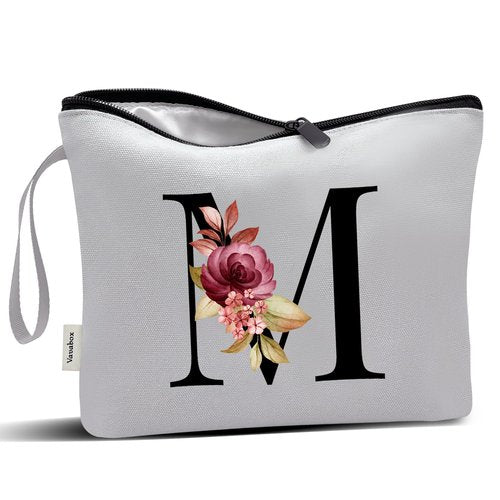 Vavabox A-Z Personalized Makeup Bag,Birthday Gifts for Women Mom,Gifts for Best Friend,Bride Bridesmaid Cosmetic bag (M, Grey)