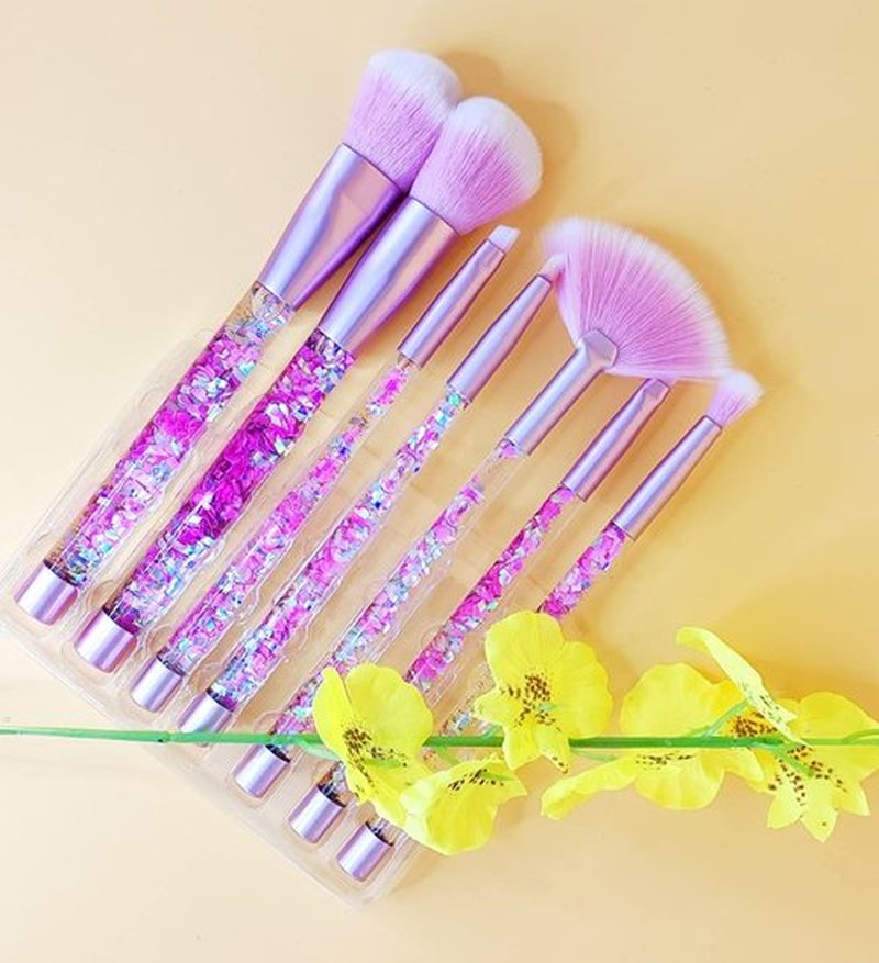 RAEEIKPHZ Sparkle Pink Makeup Brushes Set,Unicorn Glitter 7pc Foundation Blush Lip Nose Eyeshadow Eyebrow Loose Powder Fan Make Up Brushes Kit with Liquid for Kids Girls Teen Women Gift Present